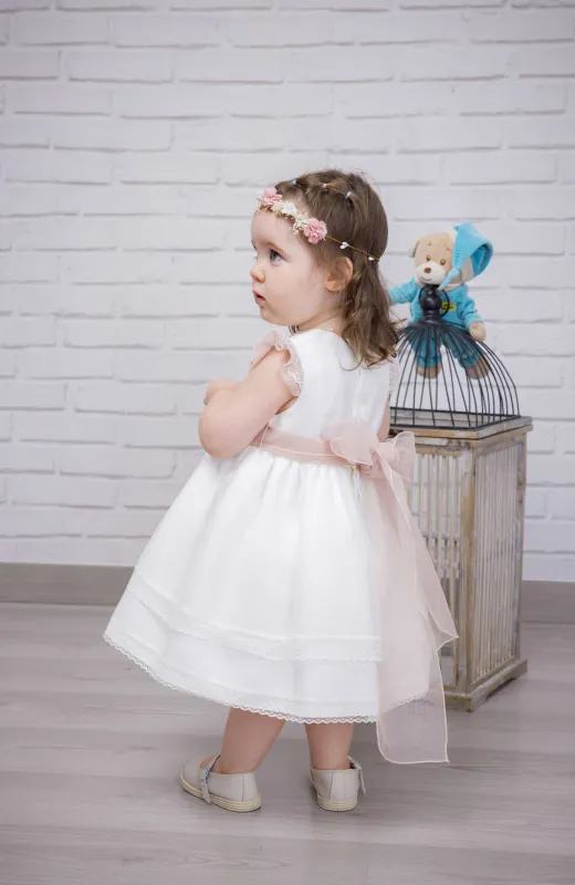 Vestido Bautizo niña bebé con detalles en rosa Alma