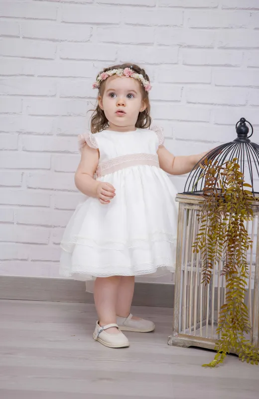 Vestido Bautizo niña bebé con detalles en rosa Alma