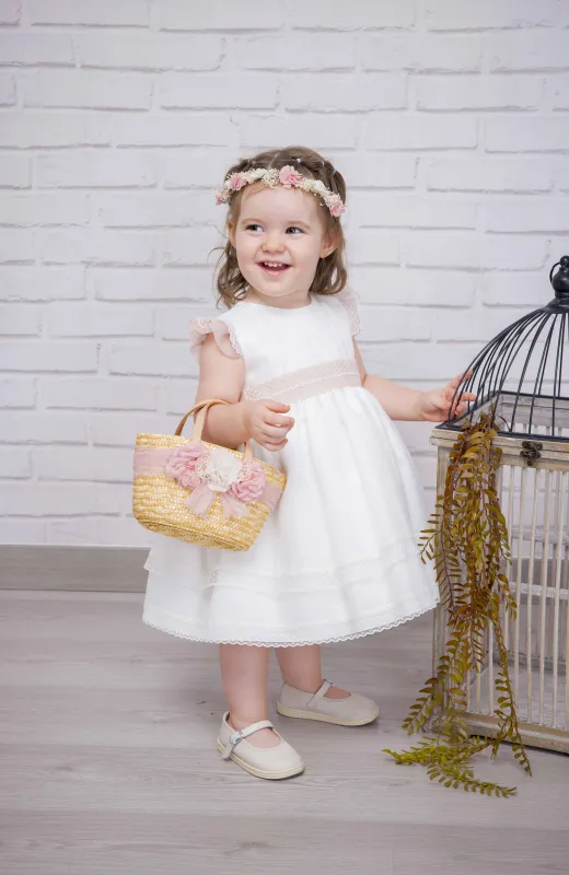 Vestido Bautizo niña bebé con detalles en rosa Alma