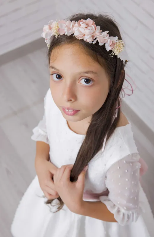 Vestido niña ceremonia plumeti fajin rosa Gala