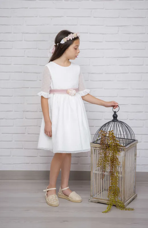 Vestido niña ceremonia plumeti fajin rosa Gala