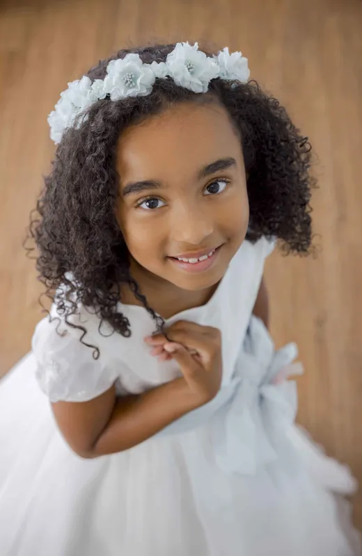 Vestido Comunión Ondas fajín verde Claudia