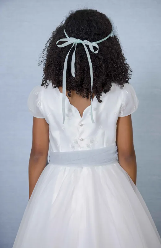 Vestido Comunión Ondas fajín verde Claudia