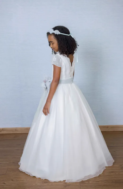 Vestido Comunión Ondas fajín verde Claudia