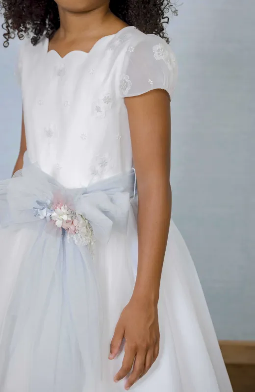 Vestido Comunión Ondas fajín verde Claudia