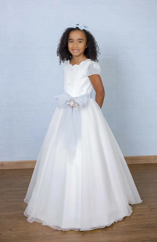 Vestido Comunión Ondas fajín verde Claudia