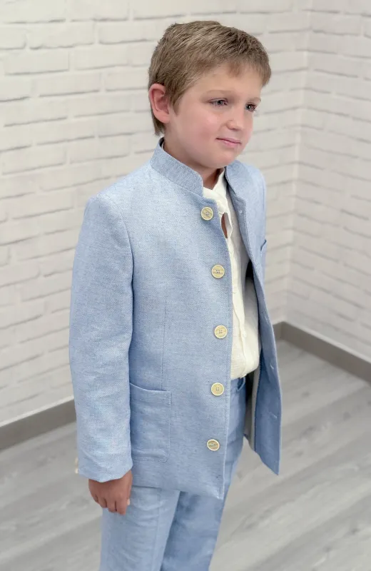 Traje niño lino ceremonia cuello mao azul para Arras en Madrid