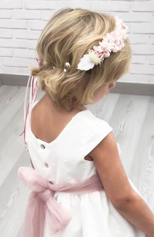 Vestido Arras niña bordado con fajín rosado Inés