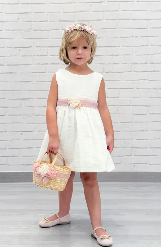 Vestido niña Ceremonia Bambula fajín rosa Vestido niña Ceremonia Bambula fajín rosa