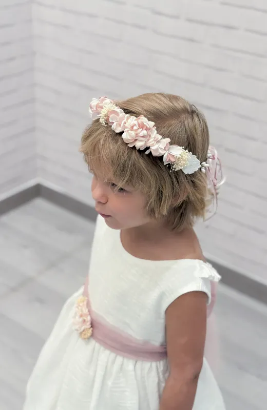 Vestido niña Ceremonia Bambula fajín rosa Vestido niña Ceremonia Bambula fajín rosa