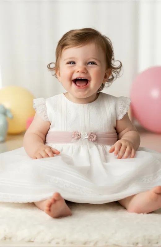 Un recuerdo para siempre Vestido de Bautizo con detalles en rosa artesanal en Madrid y Guadalajara