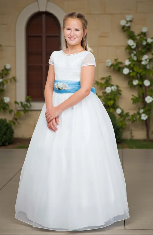 Vestido Comunión niña con fajín azul Orquídea Vestido Comunión niña con fajín azul Orquídea