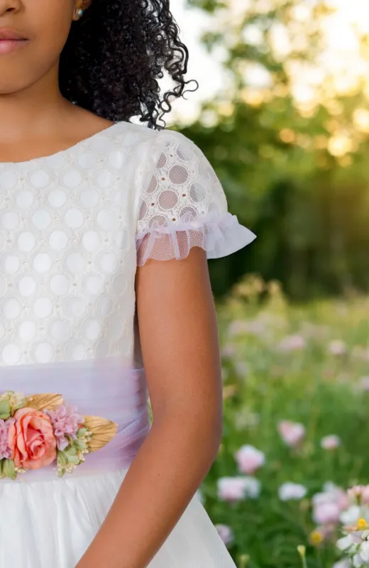 Vestido Comunión niña con fajín lila Camila