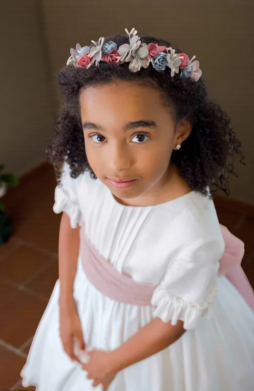 Vestido Comunión niña lino fajín rosa Corina