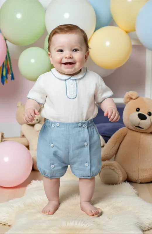 Traje lino bebé ceremonia celeste con cuello bebé Martín