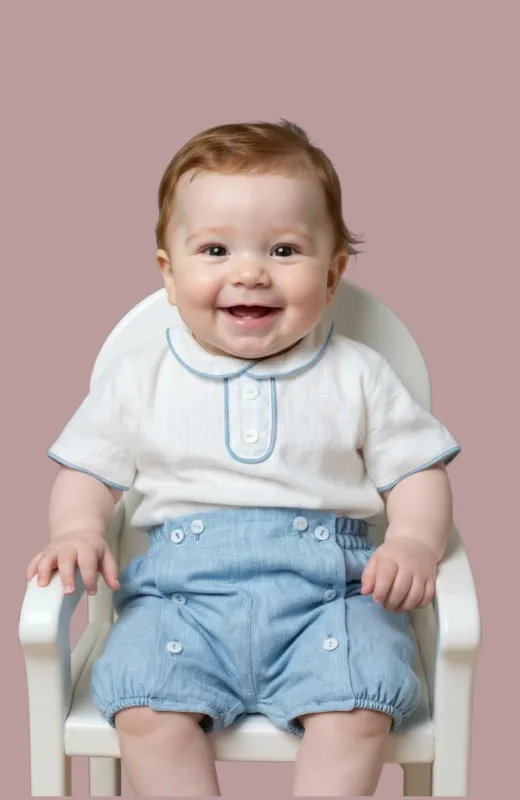 Traje lino bebé ceremonia celeste con cuello bebé Martín Traje lino bebé ceremonia celeste con cuello bebé Martín