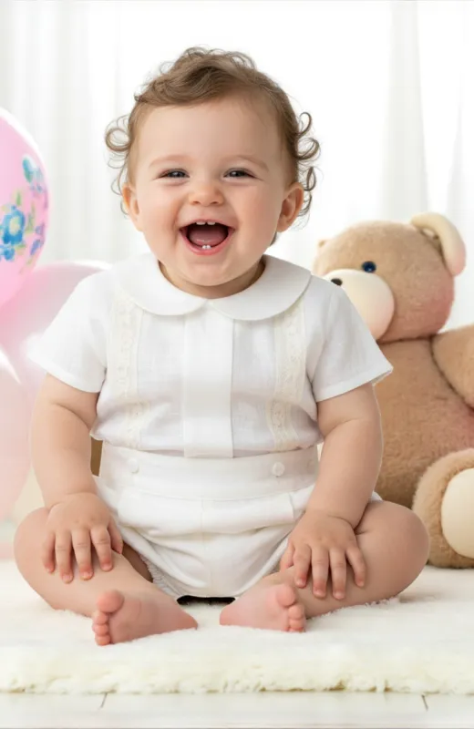 Traje Bautizo niño lino con cuello bebé color crudo Leo