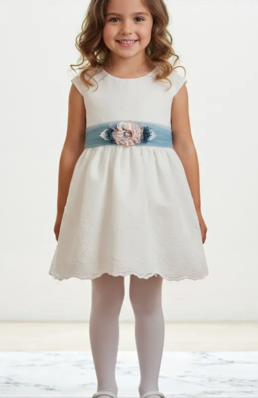 Vestido niña Ceremonia bordado fajín azul Inés