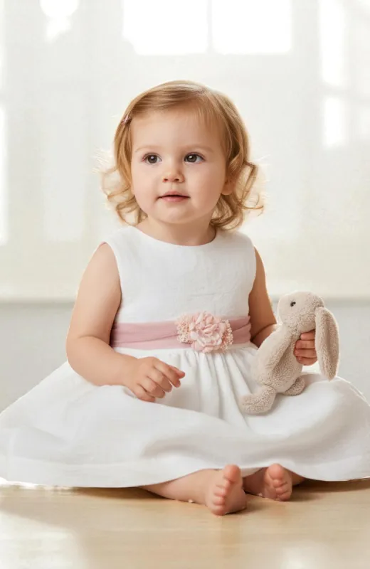 Vestido Ceremonia bebé bambula fajín rosa Mía Vestido Ceremonia bebé bambula fajín rosa Mía