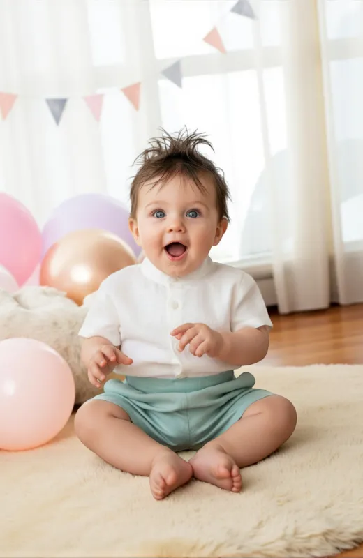 Traje lino niño bebé elegante verde Peter