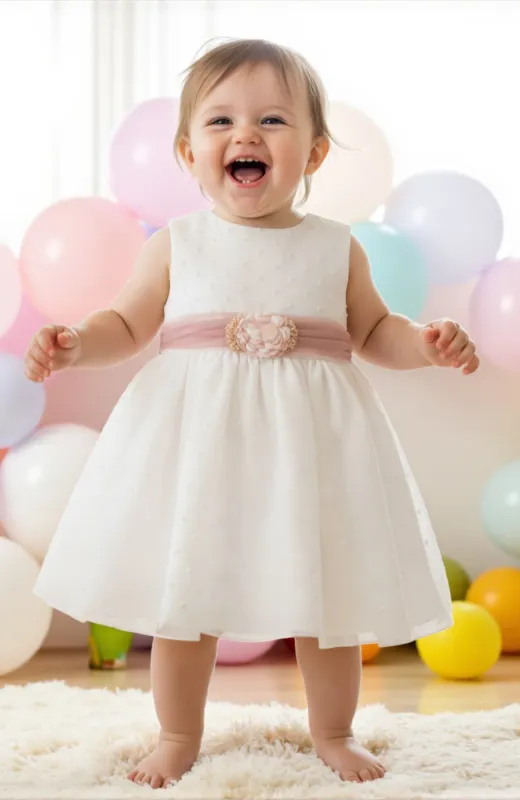 Vestido Ceremonia niña bebé plumeti fajín rosa Anita Vestido Ceremonia niña bebé plumeti fajín rosa Anita