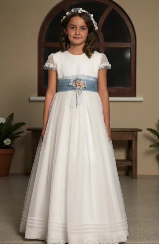 Vestido de Comunión niña con fajín azul Oporto Vestido de Comunión niña con fajín azul Oporto