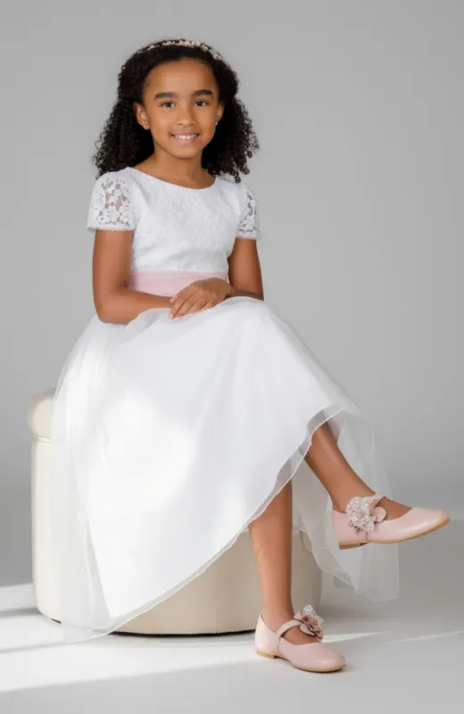 Zapatos niña ceremonia color rosa detalle floral Orihuela