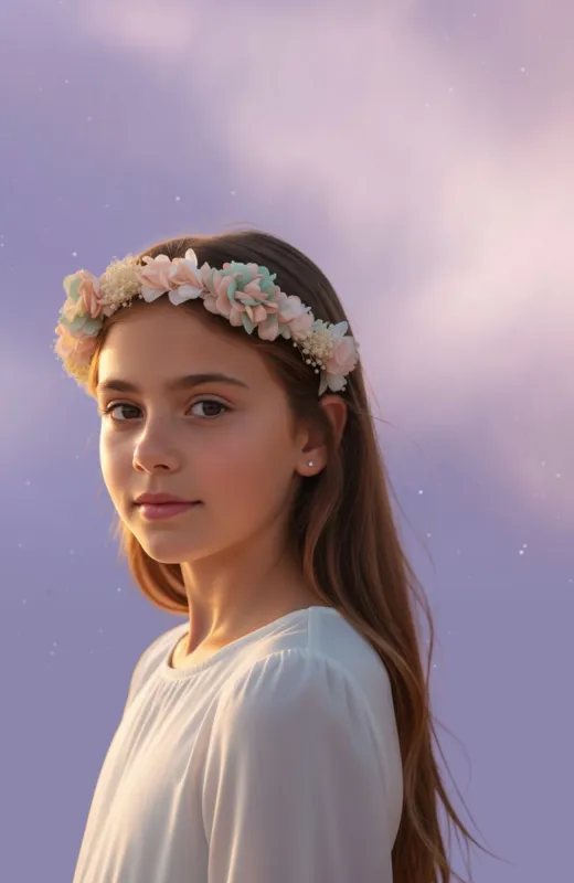 Corona de flores niña ceremonia rosa y verde agua Rota