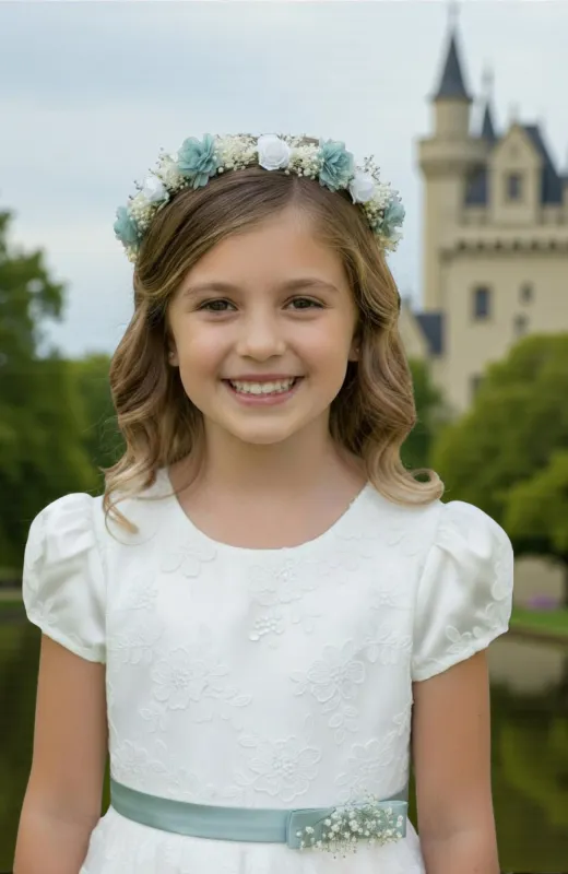 Corona niña ceremonia flores verdes