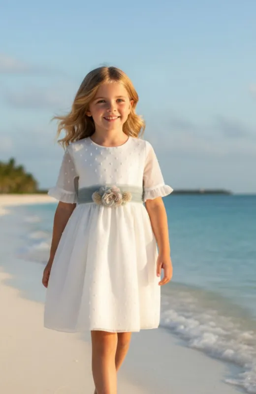 Vestido niña Ceremonia manga francesa fajín verde Gala