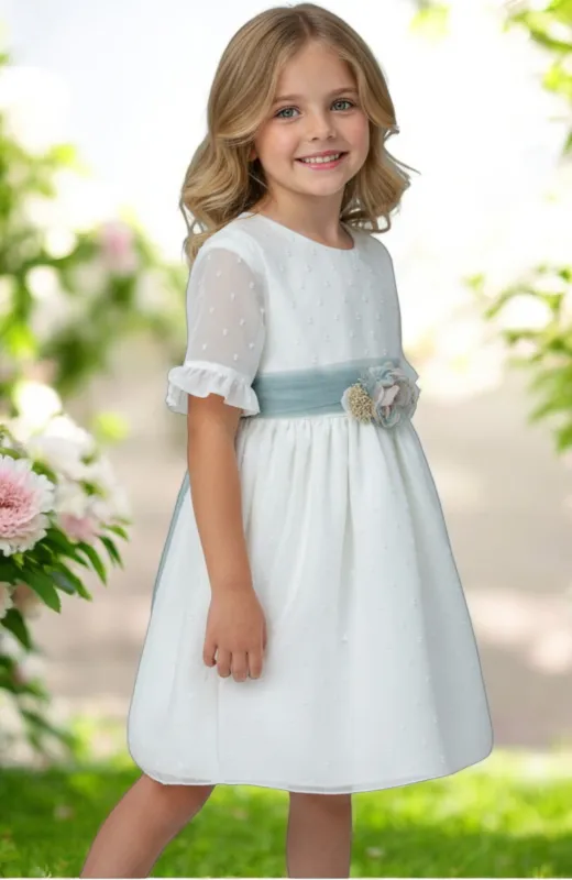 Vestido niña Ceremonia manga francesa fajín verde Gala