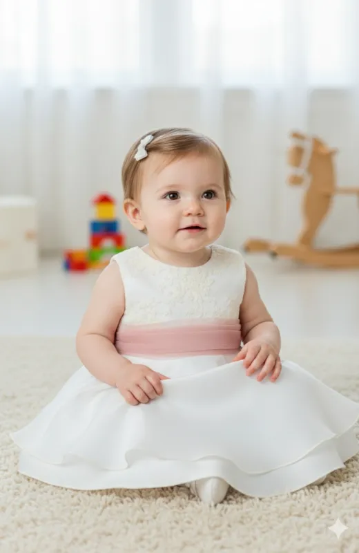 Vestido bautizo niña bebé falda capa fajín rosa Zoe