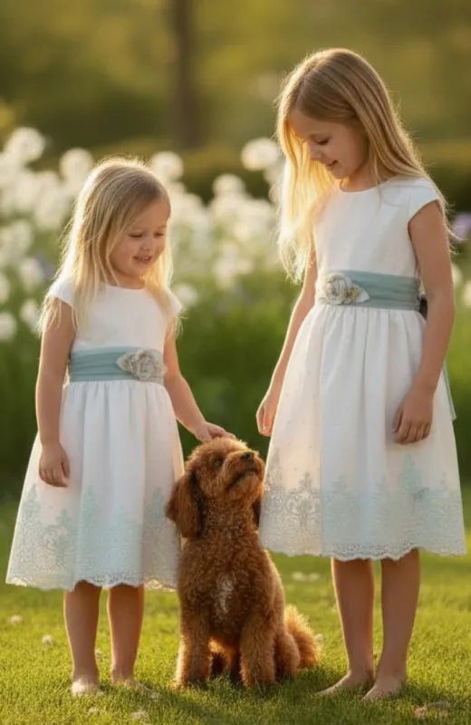 Vestido niña ceremonia bordado fajín verde Inés