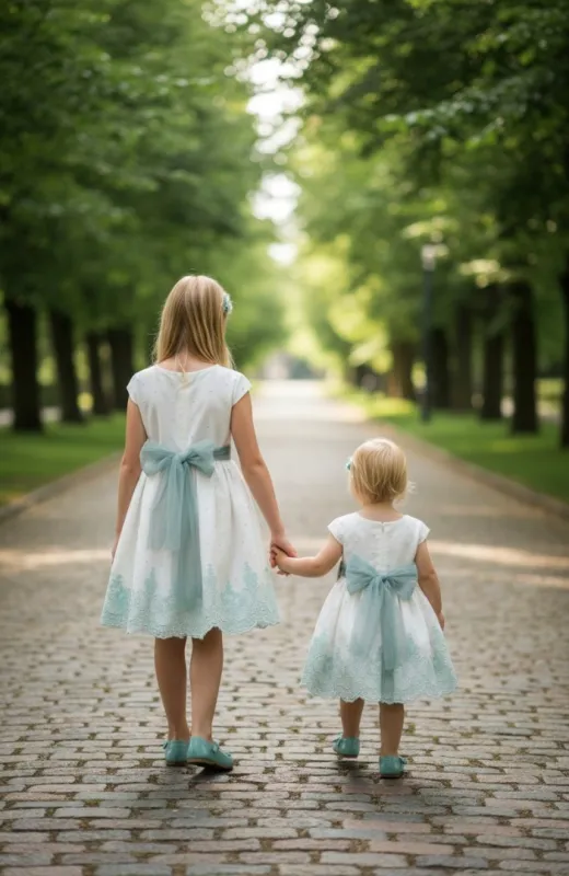 Vestido niña ceremonia bordado fajín verde Inés