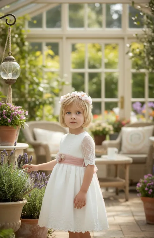 Vestido niña ceremonia con fajín rosa Kiara