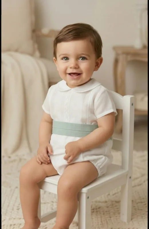 Traje Bautizo fajín verde Villanueva