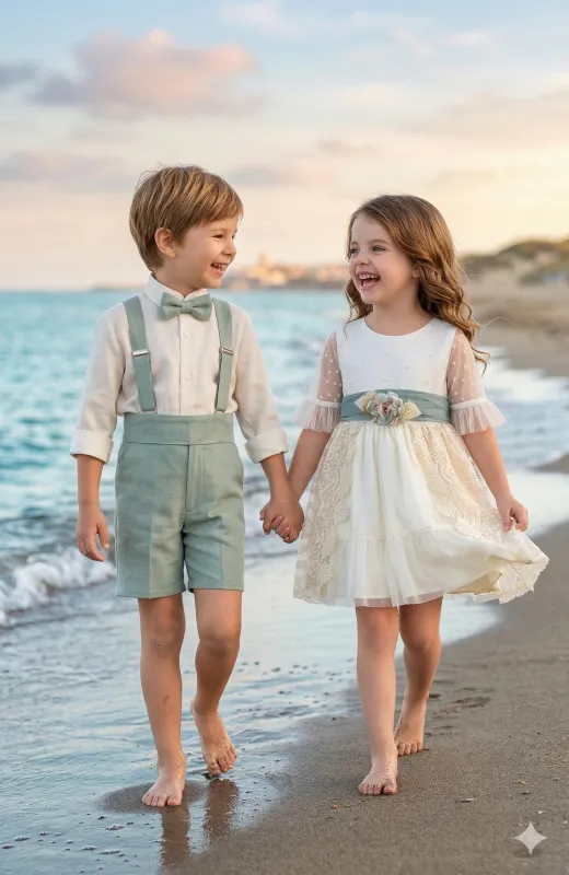 Traje elegante niño lino color verde Oliver