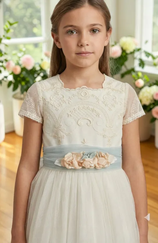 Vestido de Comunión bordado fajin verde Clara