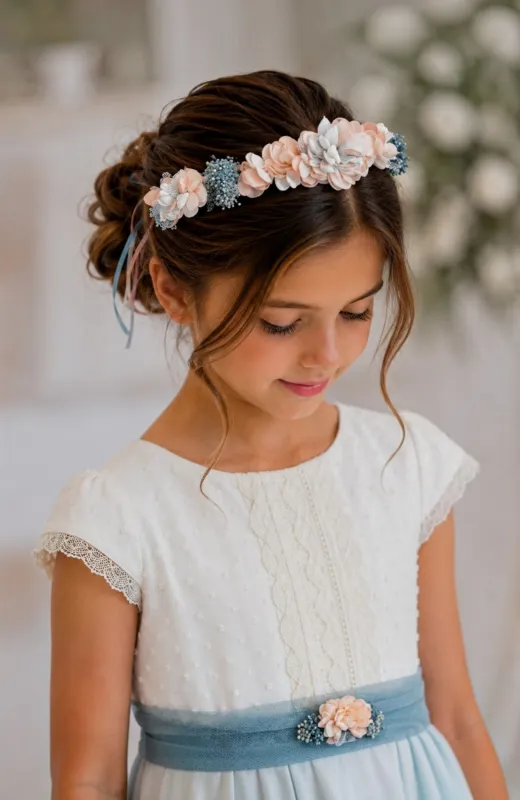 Corona niña ceremonia flores artesanales Paloma