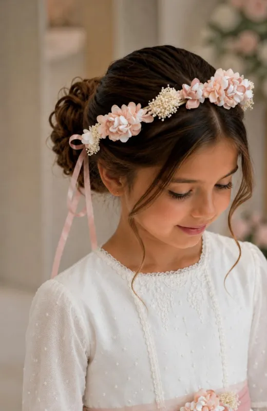 Corona niña ceremonia flores rosas Cisne