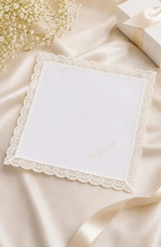 Pañuelo de Bautizo bordado con elegante puntilla Villalpando