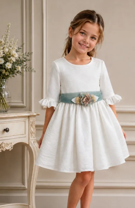 Vestido niña Arras de bambula manga francesa fajín verde Elia