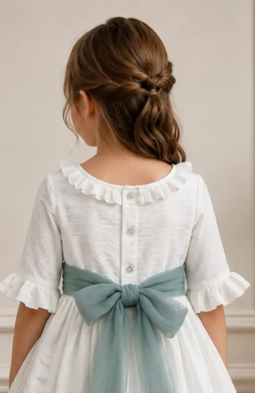 Vestido niña Arras de bambula manga francesa fajín verde Elia