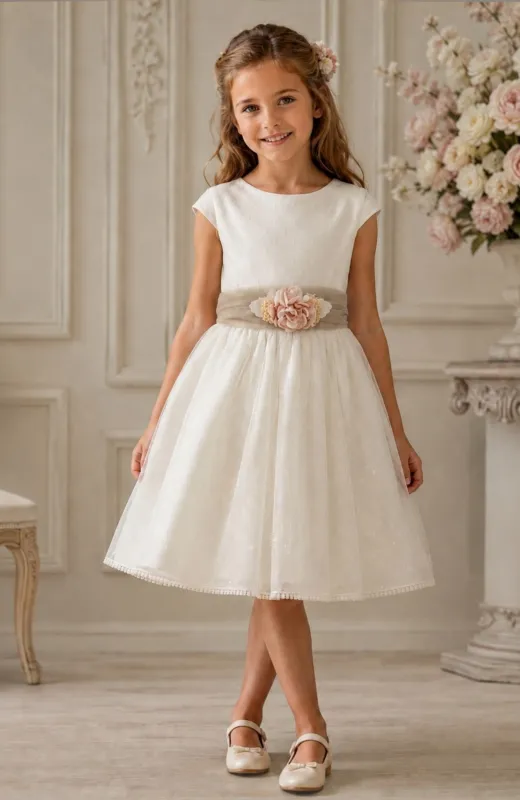 Vestido niña Ceremonia topos crudo fajin camel Elsa