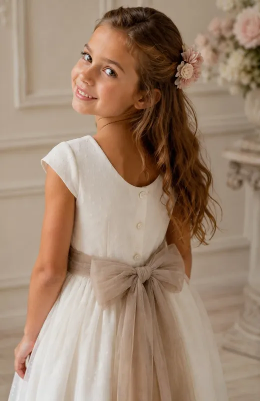 Vestido niña Ceremonia topos crudo fajin camel Elsa