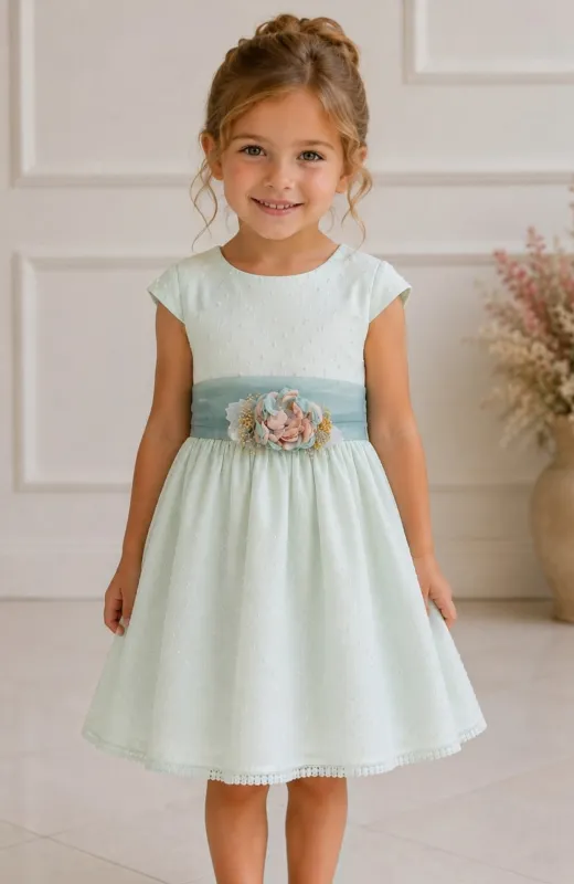 Vestido niña ceremonia topos verde Elsa
