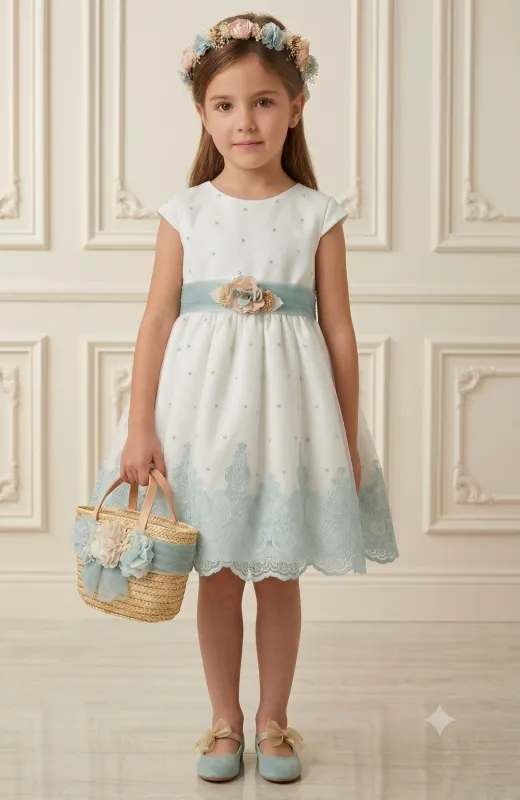 Vestido niña ceremonia bordado fajín verde Inés