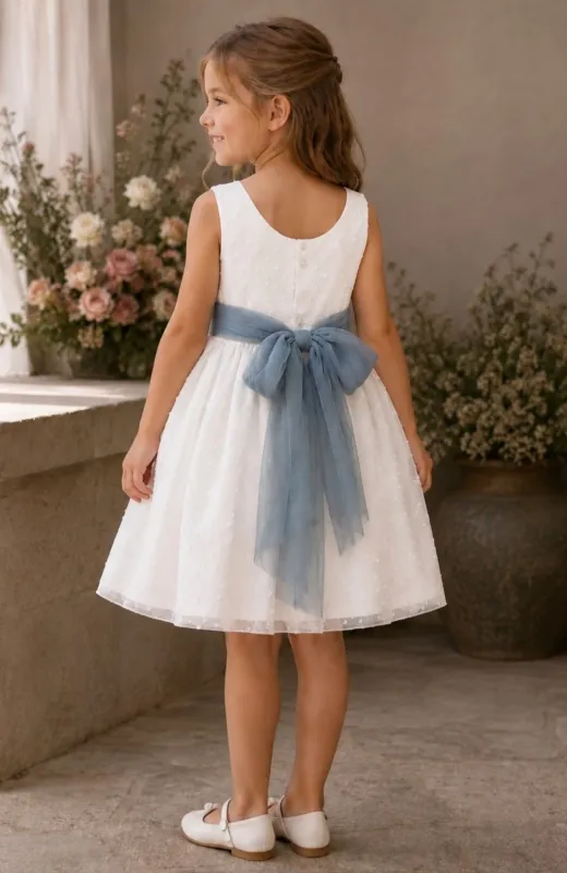 Vestido niña ceremonia plumeti fajín azul Iria