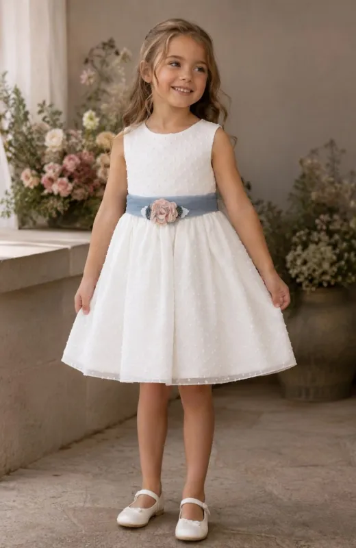 Vestido niña ceremonia plumeti fajín azul Iria