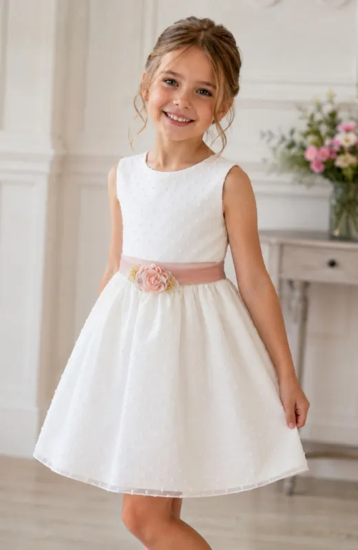 Vestido niña plumeti sin mangas con fajín rosa Iria